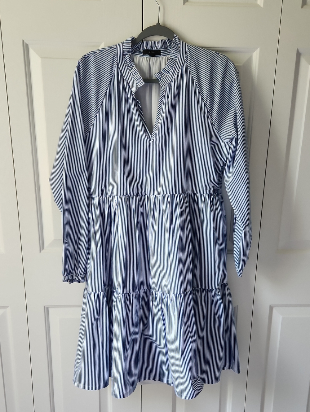 J. Crew Blue & White Striped Ruffled Neck Dress W/Pockets 100% Cotton Sz M Tall